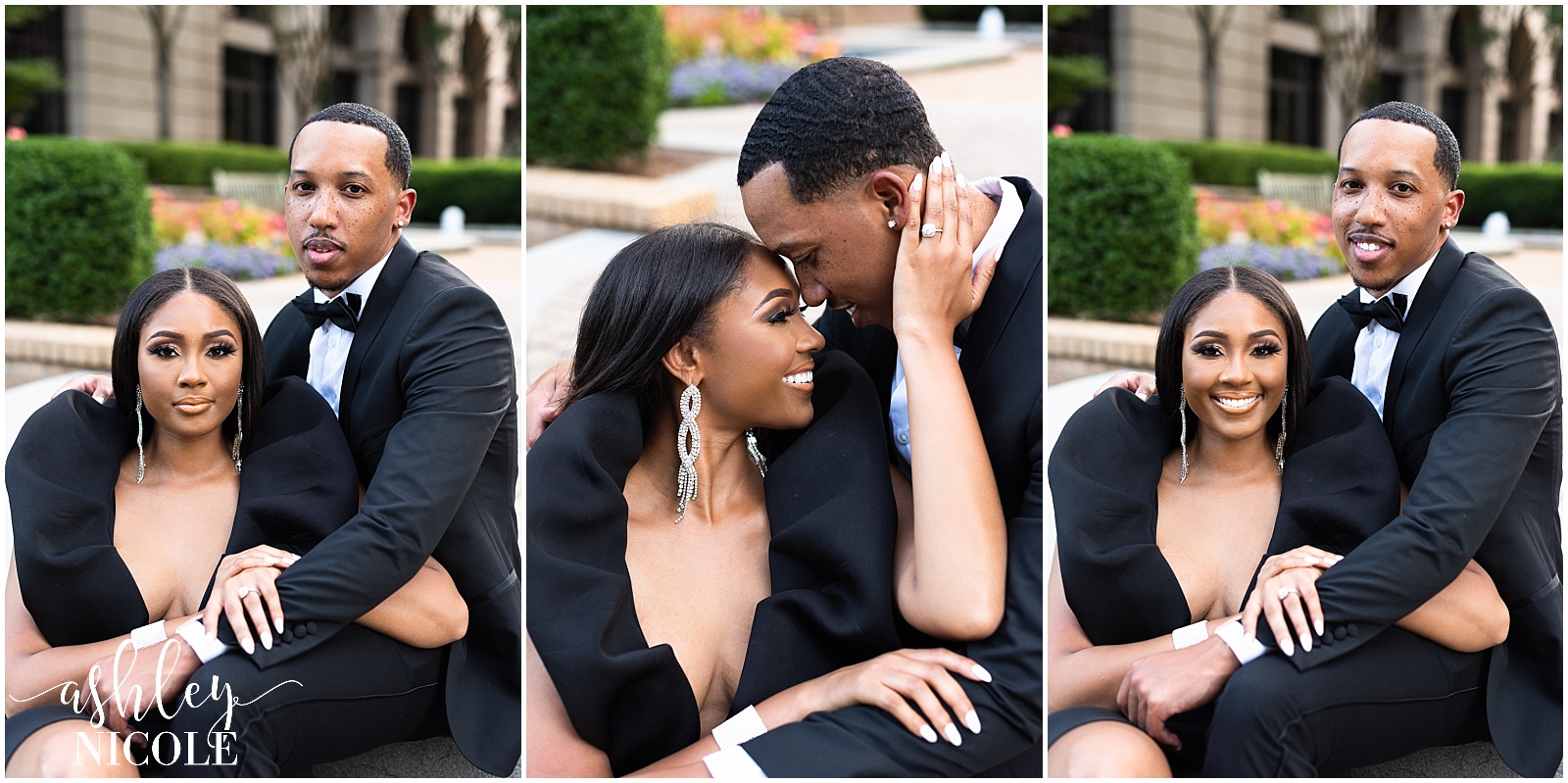 black couple smiling showing off engagement ring