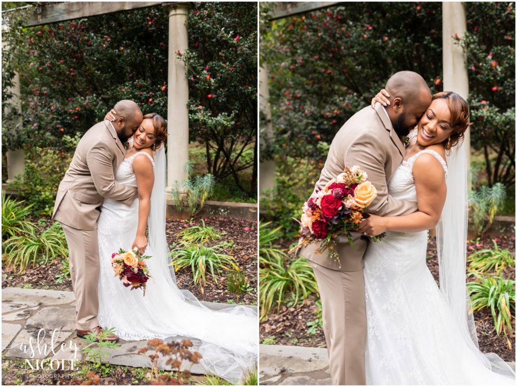 African American bride and groom hugging
