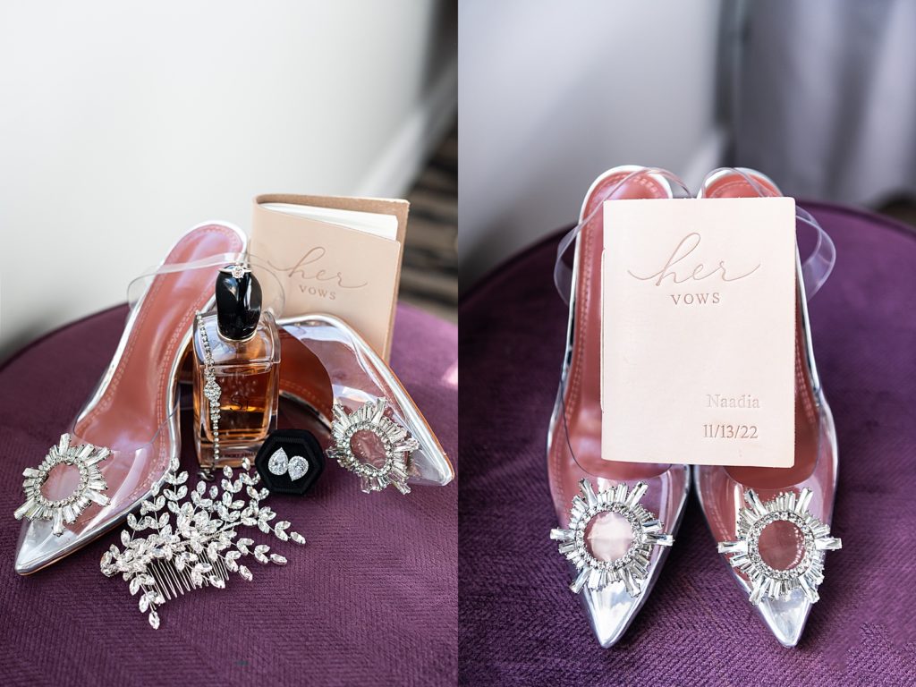 brides shoes, jewelry, vow book and perfume