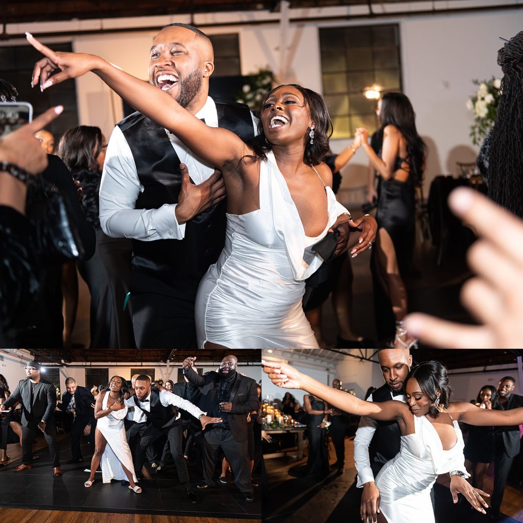 bride and groom dancing at wedding reception 
