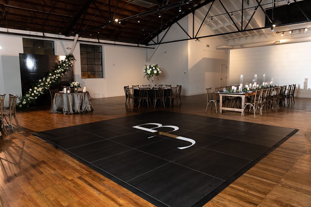 reception decor with black dance floor