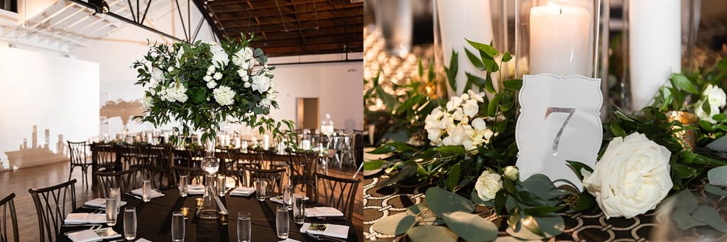 wedding reception decor with white flowers and candles