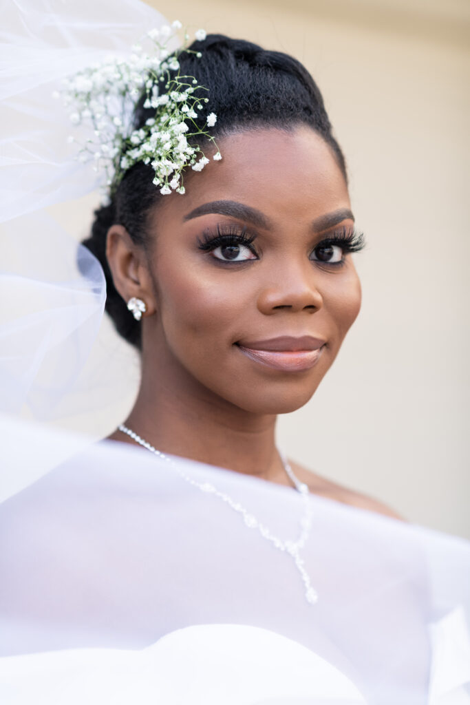 bride with veil and babys breath in her hair
