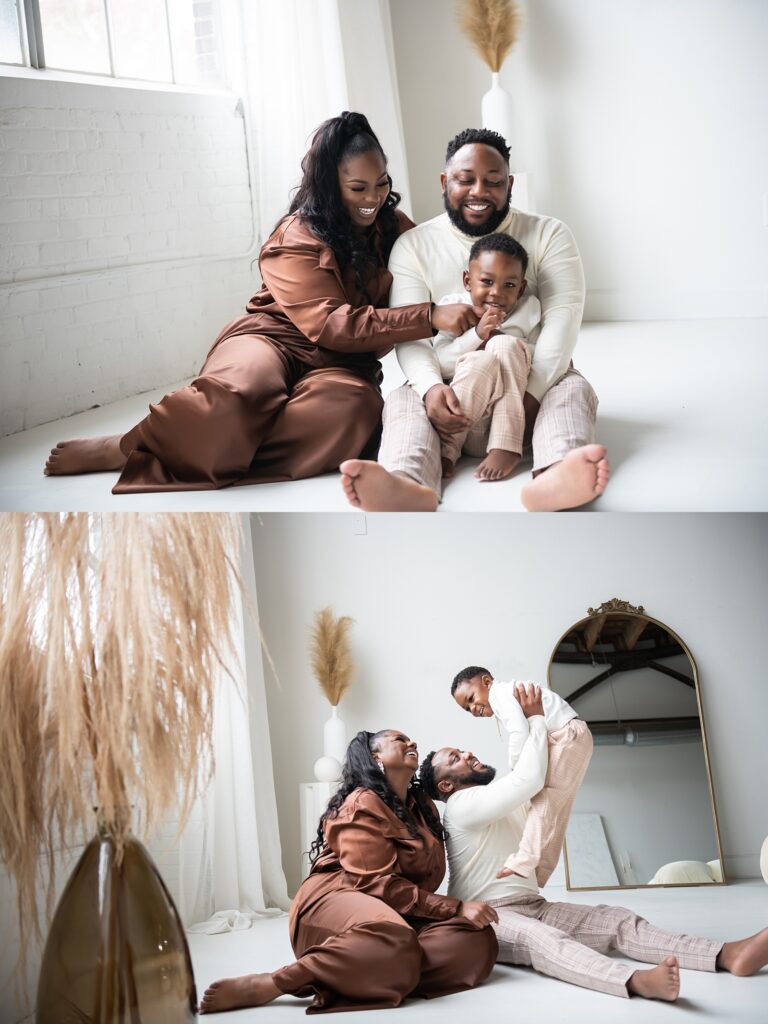 african american couple with their son for an engagement photo at blanc studio west