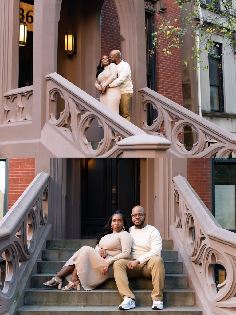 African american couple sitting on Brooklyn brownstone steps smiling