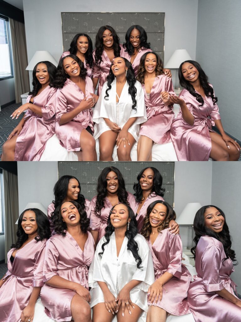 bride smiling and laughing with her bridesmaids in blush robes
