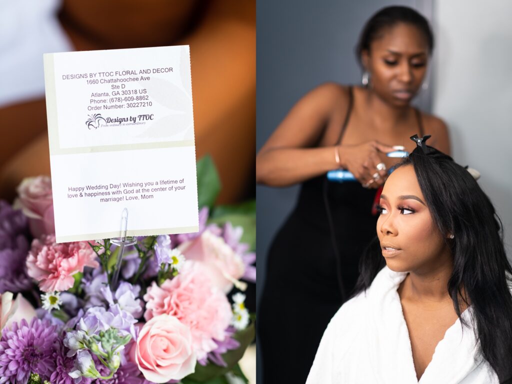 bride getting her hair curled on her wedding day looking at flowers