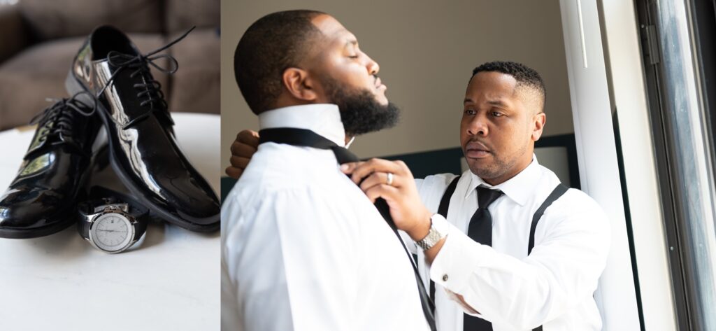 african american groom getting dressed on his wedding day