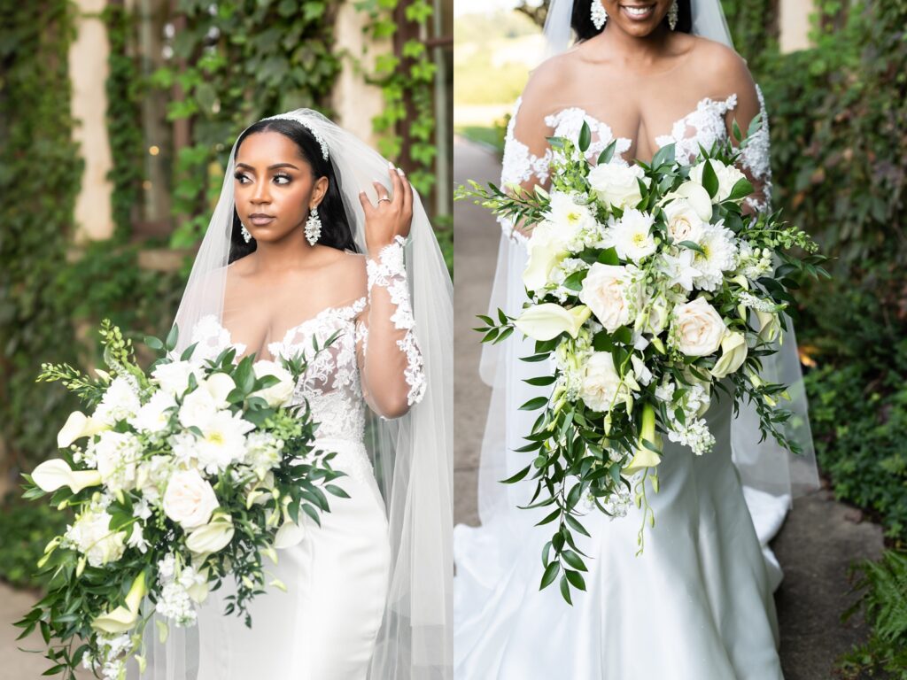 bride holding cascading bouquet