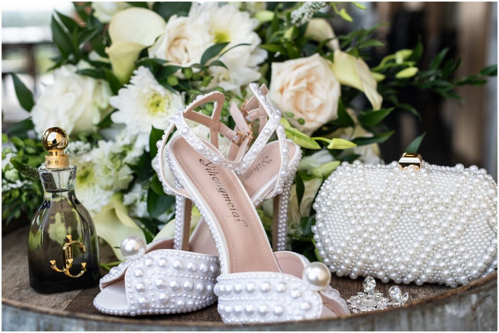 white wedding shoes with pearls