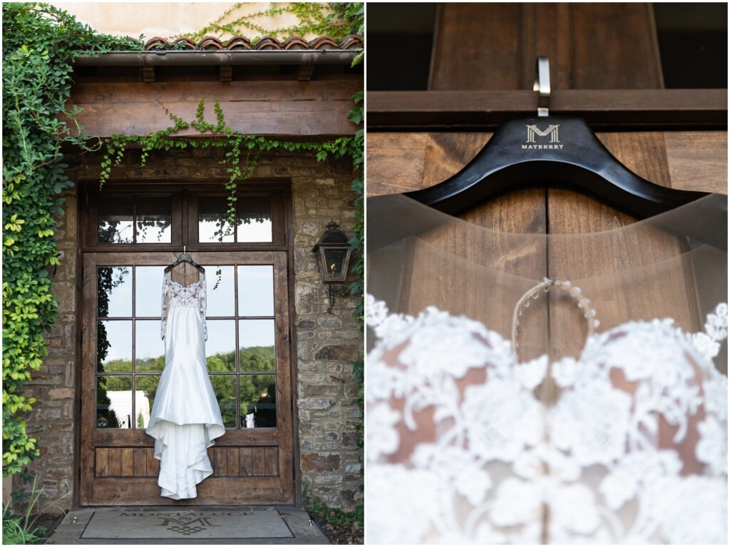 wedding dress hanging on door of monatluce winery wedding